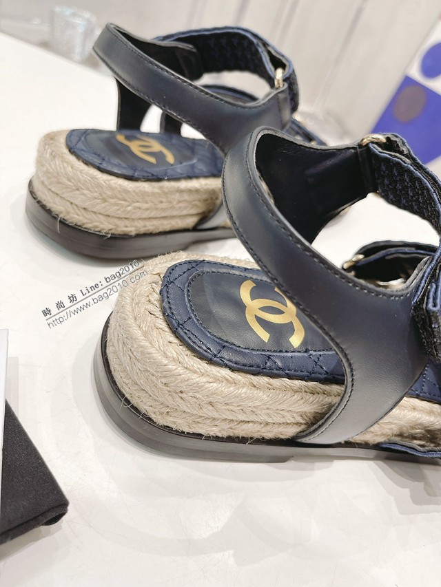 Chanel香奈兒2022春夏最新款打臘麻繩工藝涼鞋 魔術貼女款沙灘涼鞋 dx2656